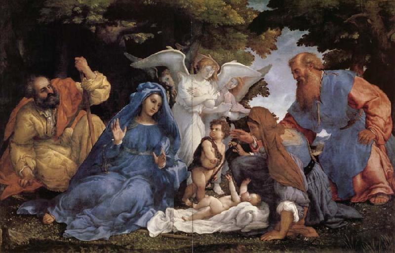 Lorenzo Lotto L'Adoration de l'Enfant Jesus avec la Vierge Marie et joseph,Elisabeth et Joachim et trois anges